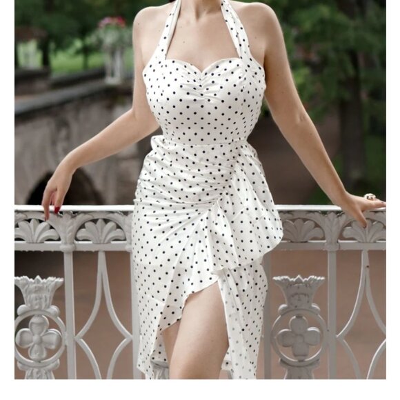 1960s Ivory Polka Dot Halter Dress - Picture 1 of 5